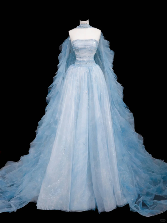 Romantic A Line Strapless Beaded Baby Blue Tulle Long Prom Dress Graduation Prom Dress DP2049