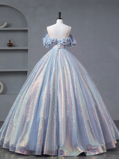 A-Line Off Shoulder Tulle Sequin Long Prom Dress Formal Evening Ball Gown DP156