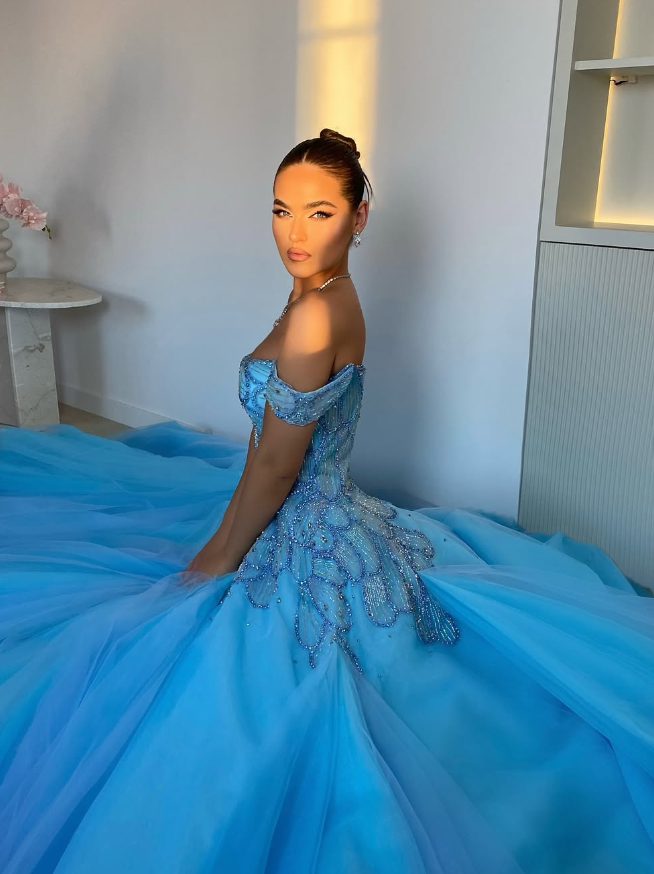 Gorgeous Ball Gown Off the Shoulder Beaded Blue Tulle Long Prom Dress Evening Dress DP1822