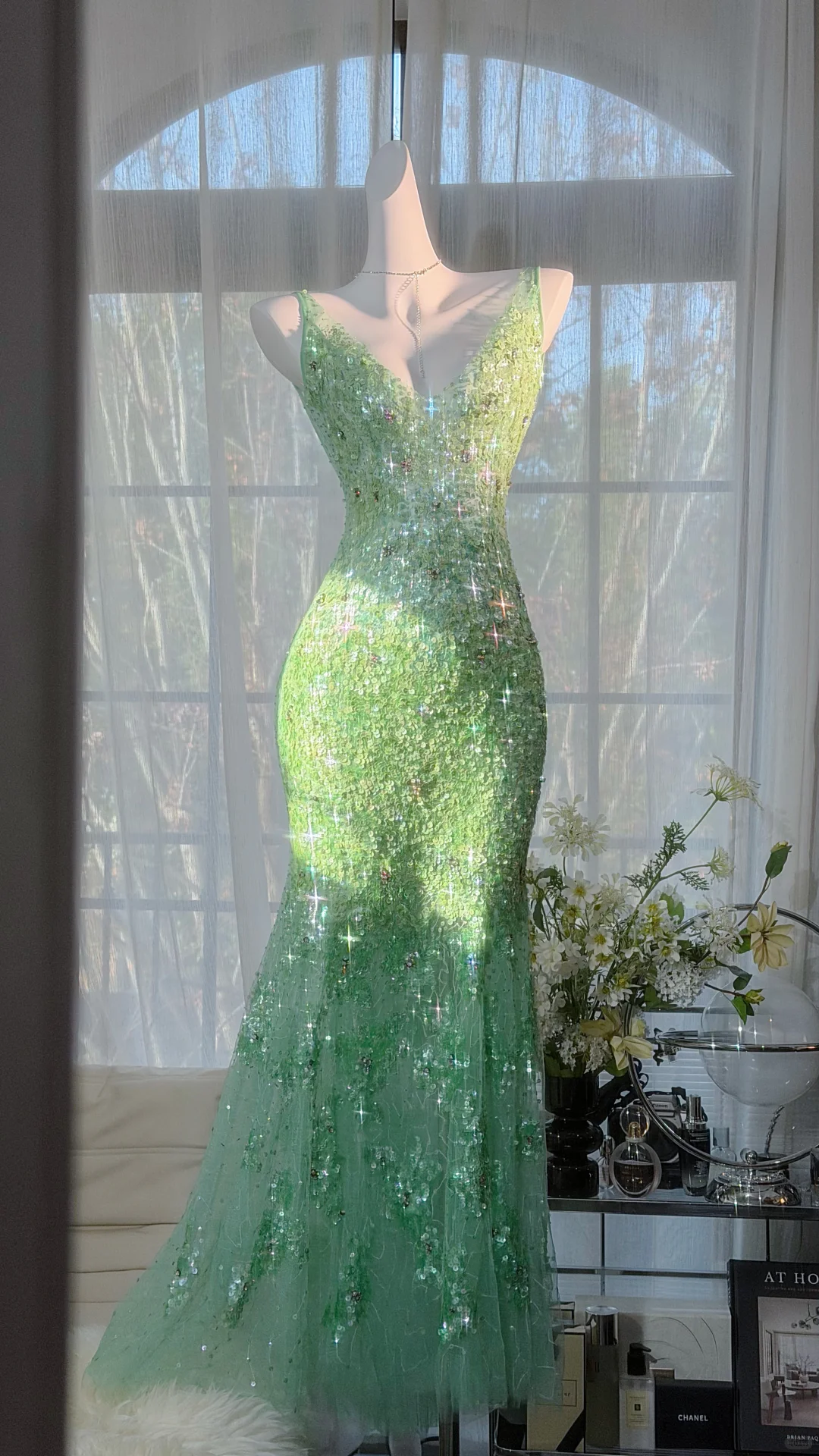 Green Fairy Mermaid V Neck Shiny Sequin Beaded Tulle Backless Graduation Prom Dress DP4942