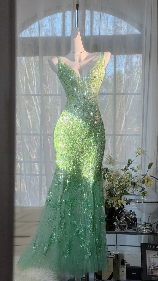 Green Fairy Mermaid V Neck Shiny Sequin Beaded Tulle Backless Graduation Prom Dress DP4942