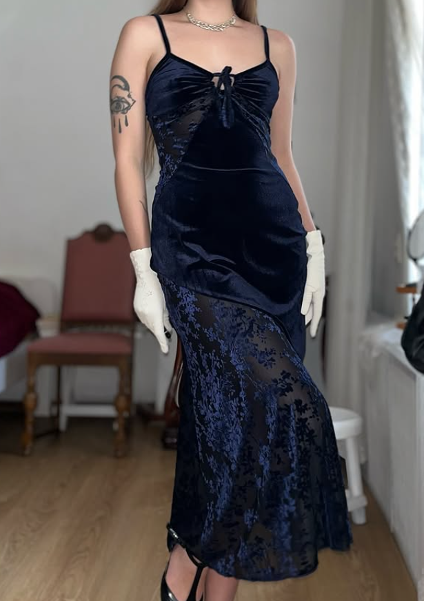 Vintage Sheath Spaghetti Strap Dark Blue Lace Velvet Prom Dress Evening Dress DP5726