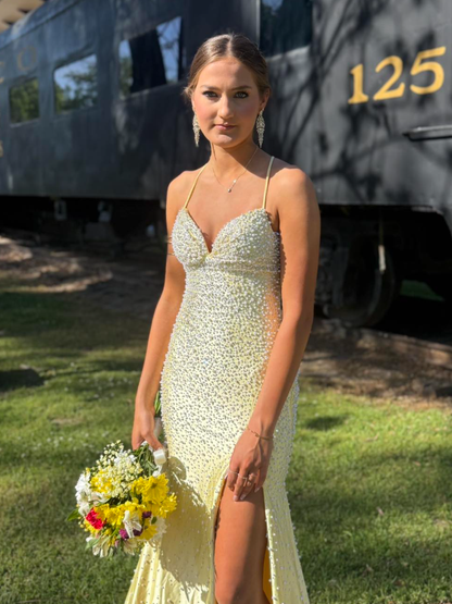 Dazzling Mermaid Spaghetti Strap Pearl Yellow Satin Backless Slit Prom Dress Party Evening Dress DP6312