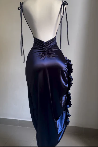 Fashion Navy Blue Slit Backless Ruffles Midi Length Party Dress DP504