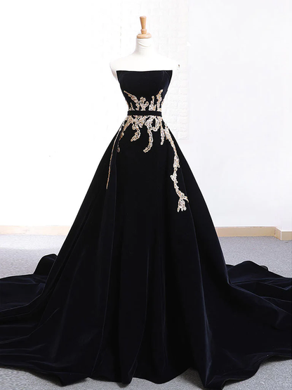 Black Velvet Sweep Train Long Prom Dress Strapless Evening Dress DP421