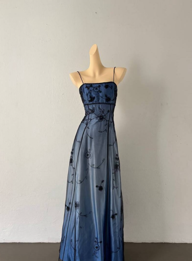 Vintage Blue Ombre A Line Spaghetti Straps Tulle Satin Prom Dress DP4830