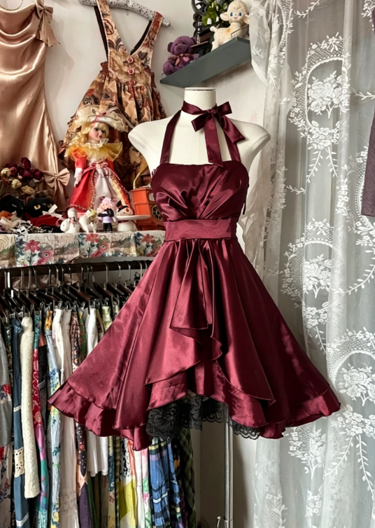 Vintage A Line Halter Navy Blue Satin Short Homecoming Dress Party Dress DP4989