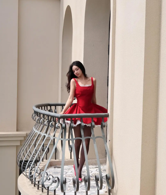 Charming A Line Straps Red Satin White Lace Short Homecoming Dress DP2824
