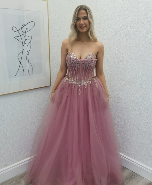 Pink A Line Sweetheart Neck Sequin Corset Tulle Prom Dress Evening Dress DP6353