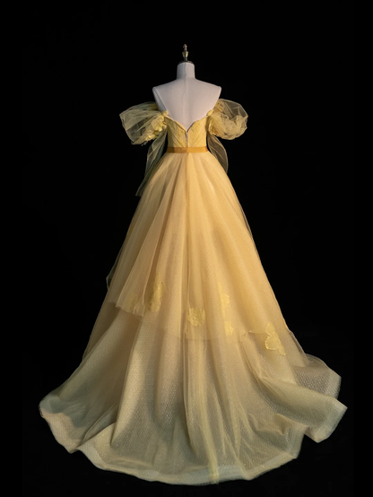 Cute A Line Off the Shoulder Yellow Appliques Tulle Long Prom Dress Graduation Prom Dress DP2146