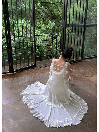 Flowy Ivory Ruffle Chiffon A Line Straps Prom Dress Evening Dress DP5766