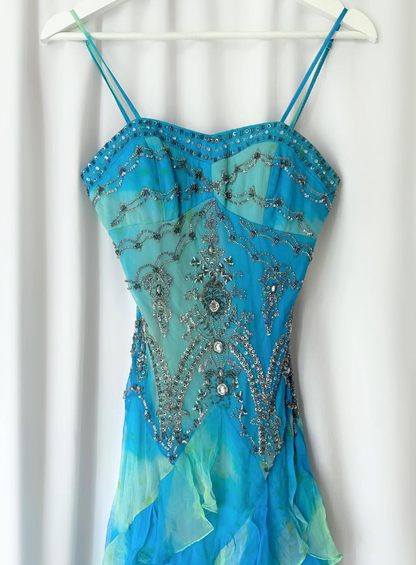 Vintage Blue Green Ombre Mermaid Ruffle Beaded Chiffon Homecoming Dress Evening Dress Date Dress DP3040