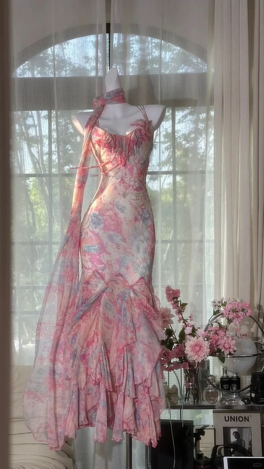 Pink Print Floral Beaded Romantic Ruffle Chiffon Evening Gown Birthday Gown DP2914