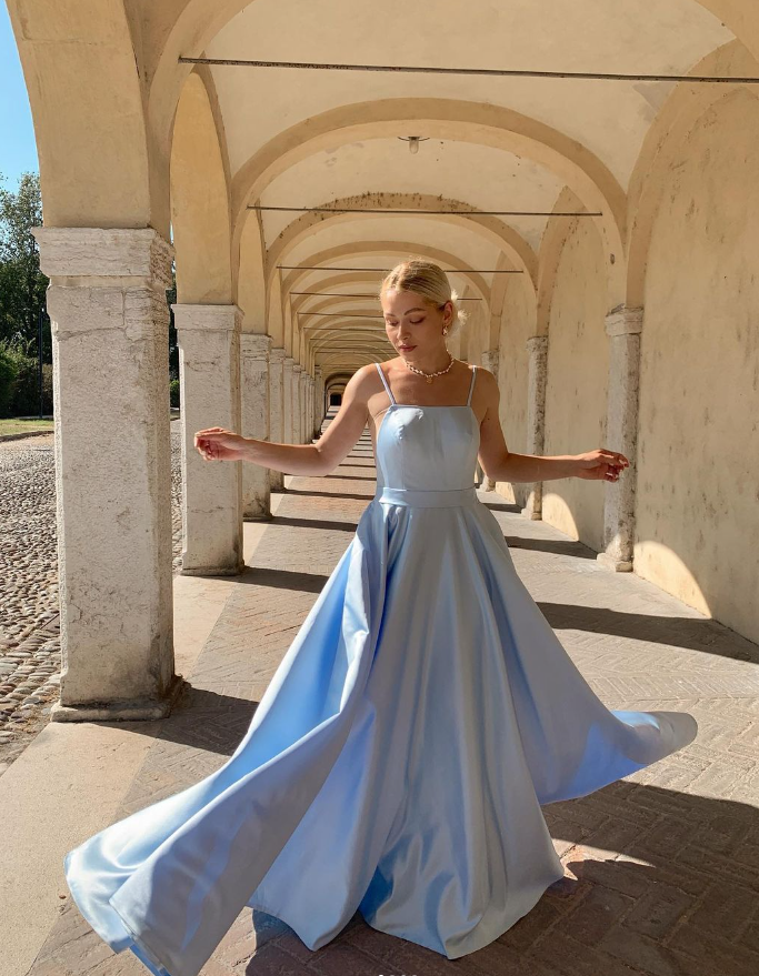 Simple A Line Spaghetti Strap Blue Satin Open Back Prom Dress Evening Dress DP1574