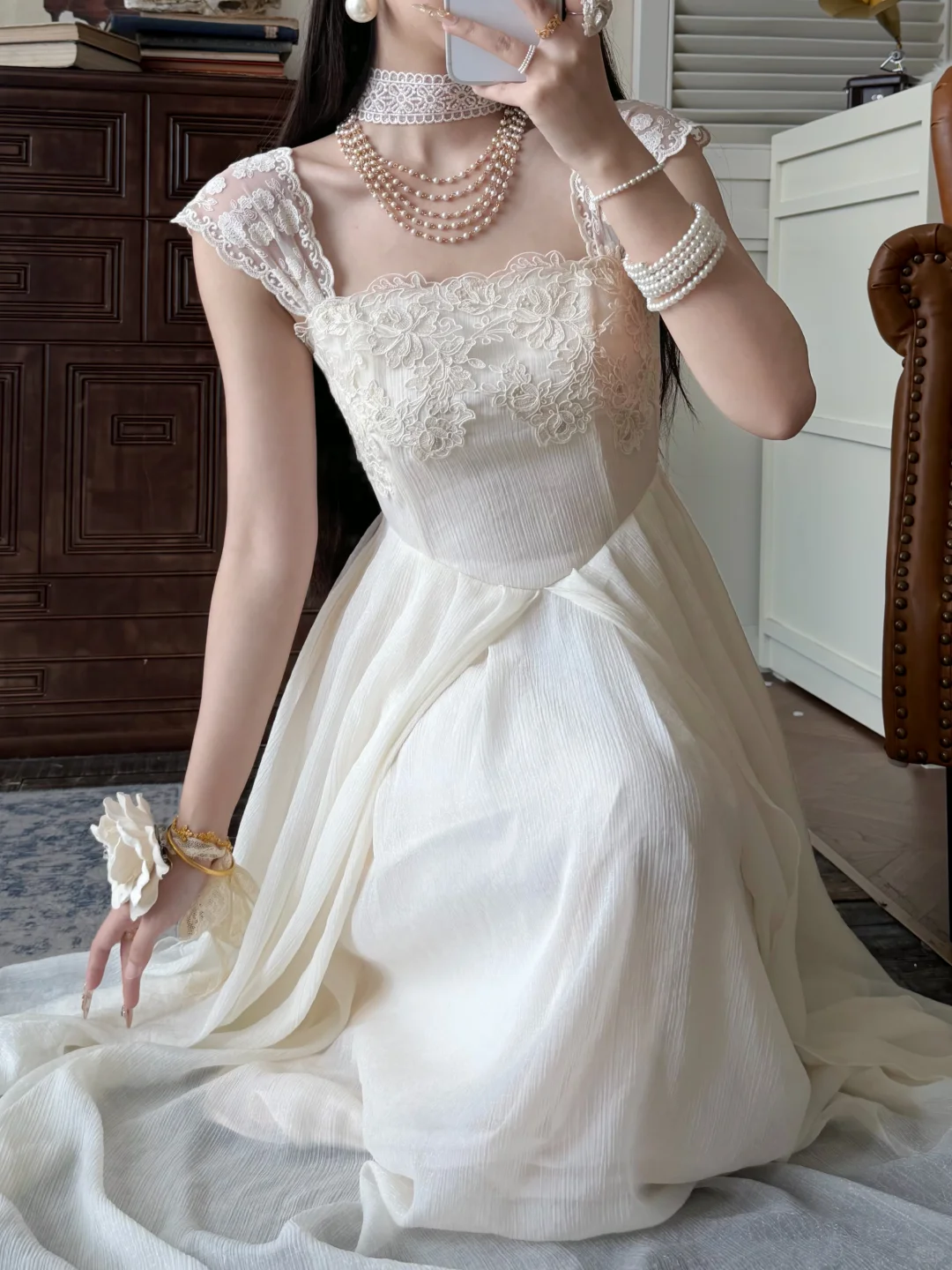 Gentle White A Line Straps Lace Chiffon Prom Dress Evening Dress DP6455