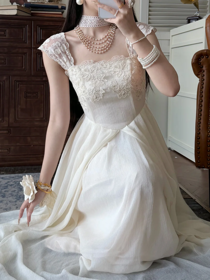 Gentle White A Line Straps Lace Chiffon Prom Dress Evening Dress DP6455