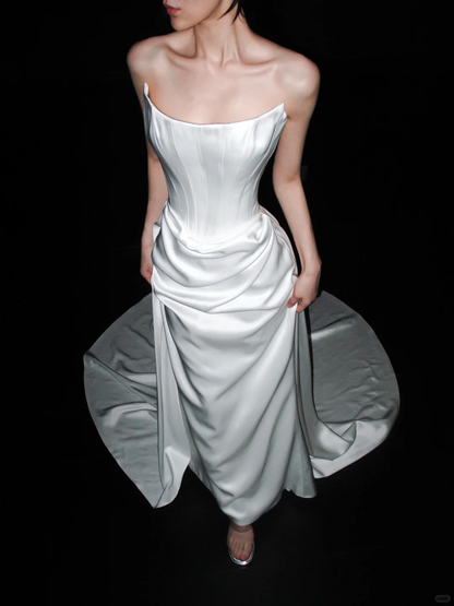 Classic High-class A Line Strapless White Corset Satin Long Wedding Dress DP6375