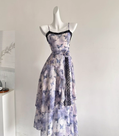 Purple Butterfly A Line Spaghetti Strap Ruffle Chiffon Vacation Dress Summer Dress Outfits DP3559