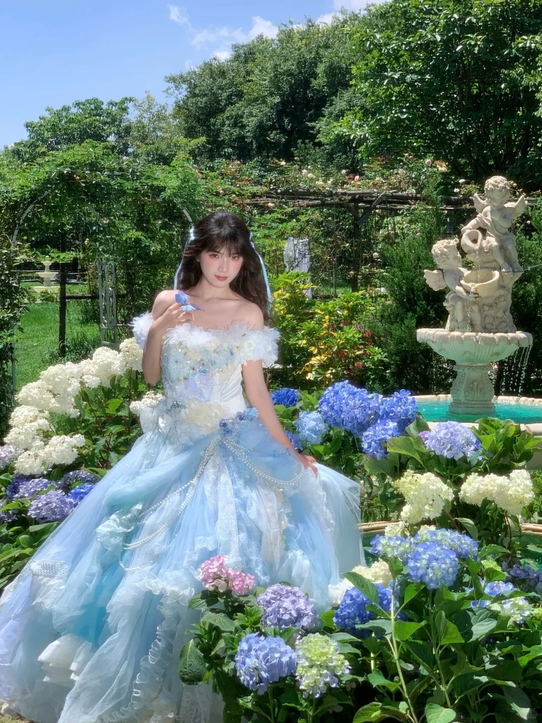 Dreamy Blue Ball Gown Off the Shoulder Exquisite Beaded Lace Tulle Prom Dress 18th Birthday Dress DP4462