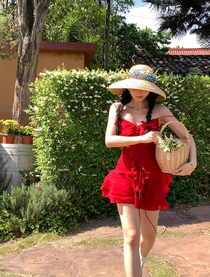 Bright Red A Line Spaghetti Strap Ruffle Chiffon Short Homecoming Dress Vacation Dress DP3642