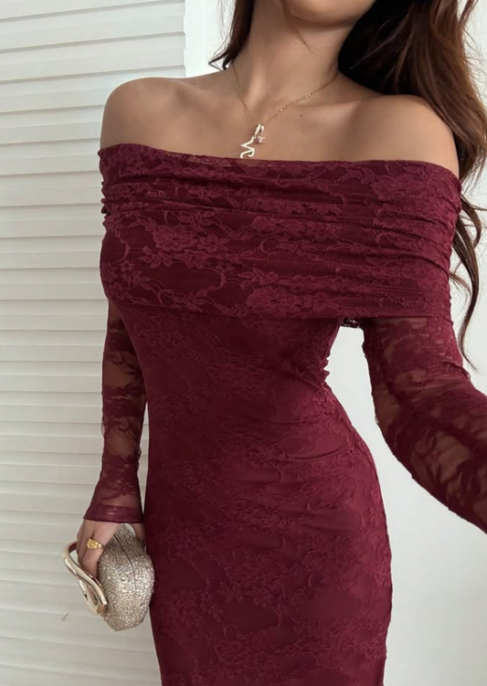 Sexy Sheath Long Sleeve Burgundy Lace Long Prom Dress Evening Dress DP6668