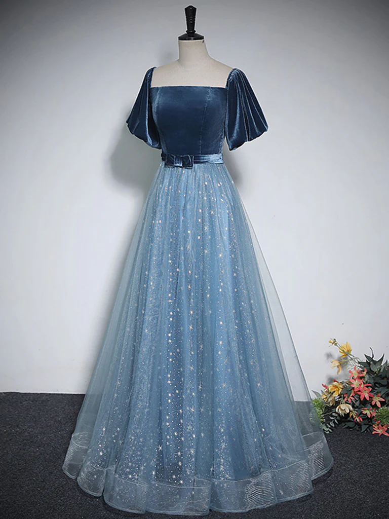 A Line Tulle Velvet Blue Long Prom Dress Party Evening Dress DP046