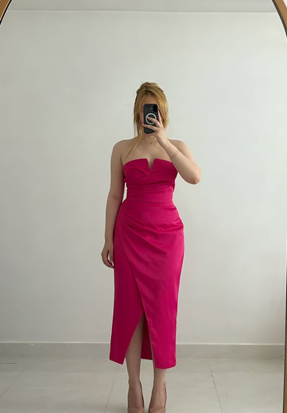 Hot Pink Sheath Strapless Satin Prom Dress Evening Dress DP6043