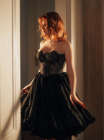 Pretty Black A Line Sweetheart Neck Lace Satin Short Prom Dress Homecoming Dress DP6350