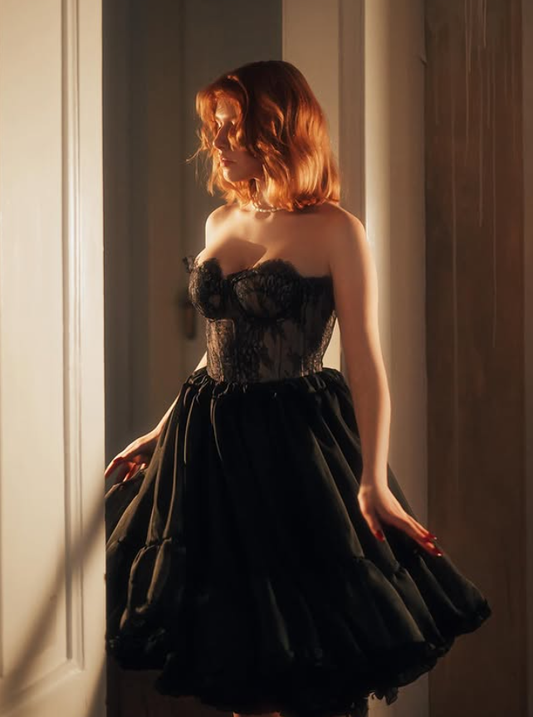 Pretty Black A Line Sweetheart Neck Lace Satin Short Prom Dress Homecoming Dress DP6350