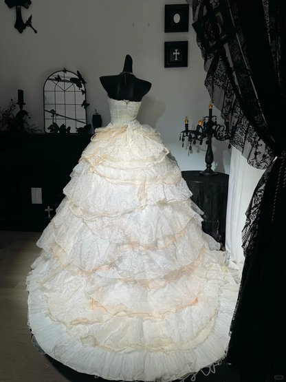 Vintage Ball Gown Strapless Layered Ivory Organza Prom Dress Quinceanera Dress DP6973