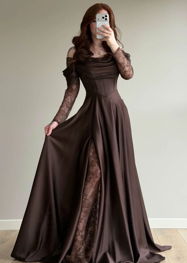 Elegant Brown A Line Long Sleeve Lace Satin Prom Dress DP5021