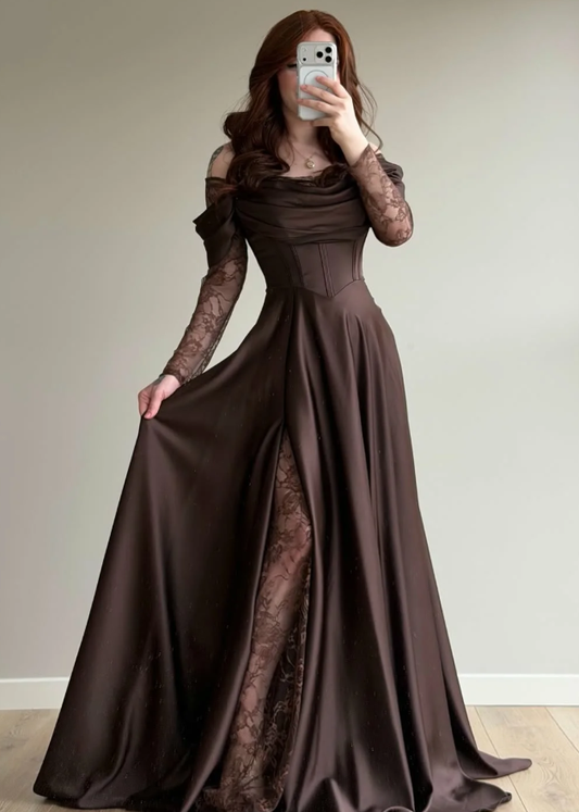 Elegant Brown A Line Long Sleeve Lace Satin Prom Dress DP5021