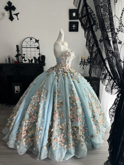 Blue Ball Gown Sweetheart Neck Floral Tulle Prom Dress Quinceanera Dress DP6968