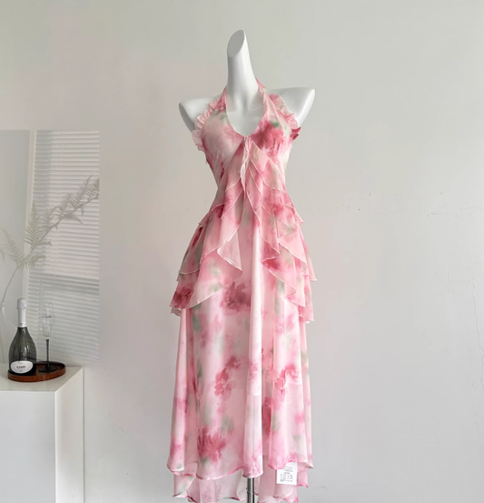 Pink A Line Halter Print Floral Layered Chiffon Vacation Dress Prom Dress Outfits DP3555