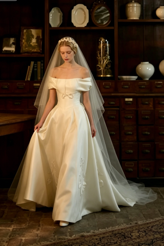 Princess Ball Gown Off the Shoulder Beaded Satin Long Prom Dress Wedding Dress DP3922