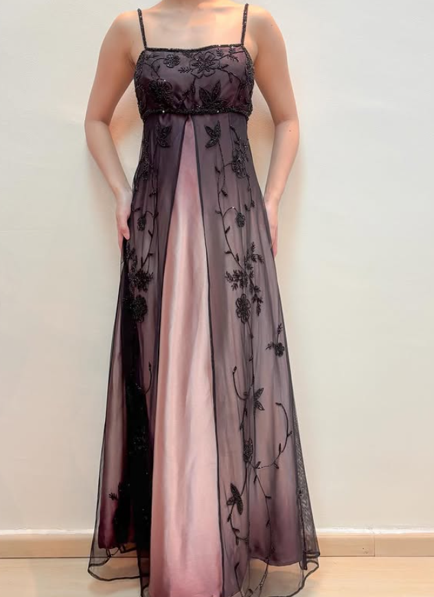 Vintage Pink Ombre A Line Beaded Black Tulle Satin Prom Dress Evening Dress Date Dress DP5275