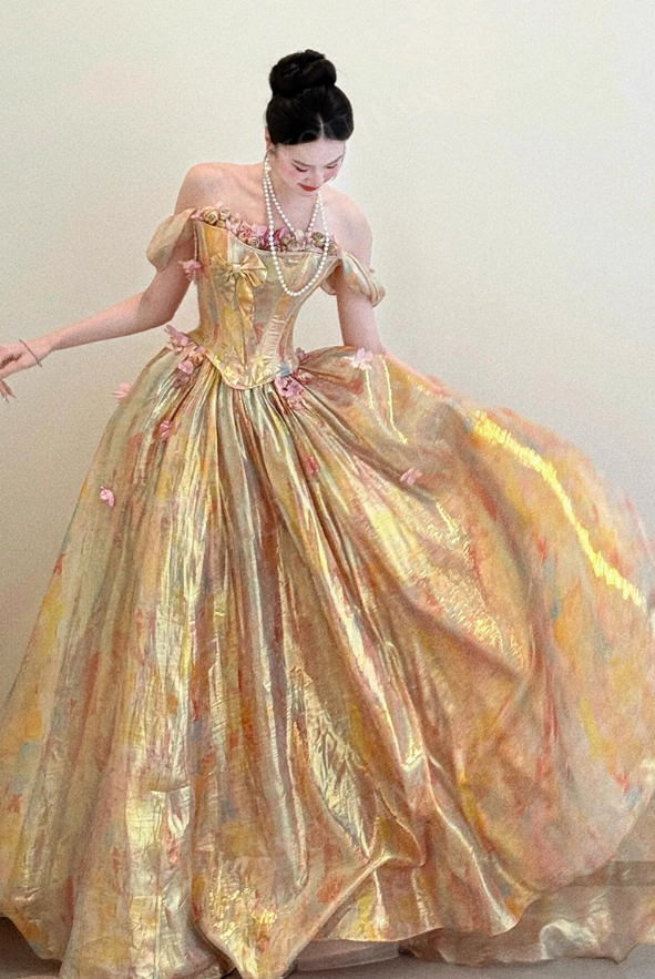 Stunning Ball Gown Off the Shoulder Floral Golden Satin Prom Dress 16th Birthday Dress DP3566