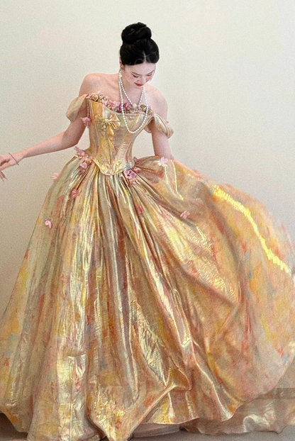 Stunning Ball Gown Off the Shoulder Floral Golden Satin Prom Dress 16th Birthday Dress DP3566