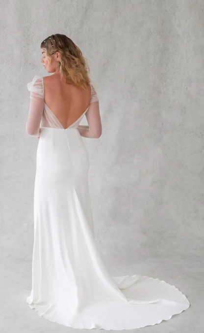 Classy Mermaid Long Sleeve Tulle Satin Long Wedding Dress with Slit DP4307