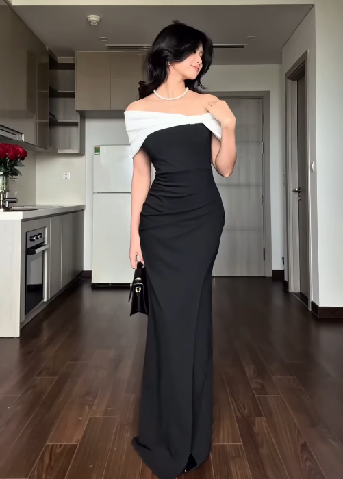 Classic Elegant Sheath Off the Shoulder Black-White Satin Long Prom Dress Evening Dress DP3966