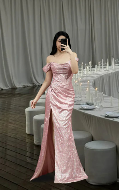 Navy Blue A Line Off the Shoulder Sequin Satin Long Prom Dress Graduation Prom Dress DP5082