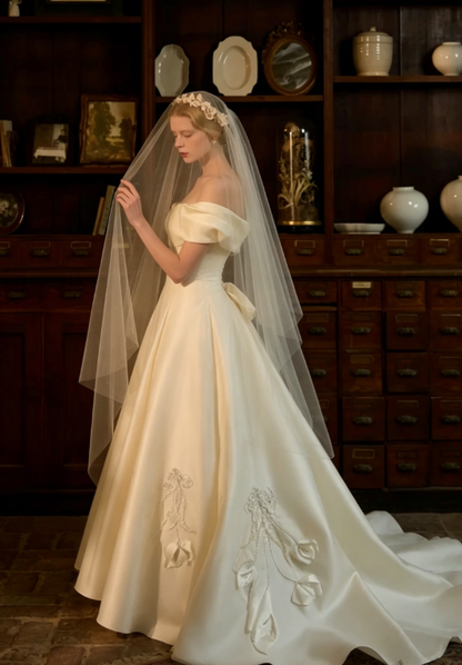 Princess Ball Gown Off the Shoulder Beaded Satin Long Prom Dress Wedding Dress DP3922