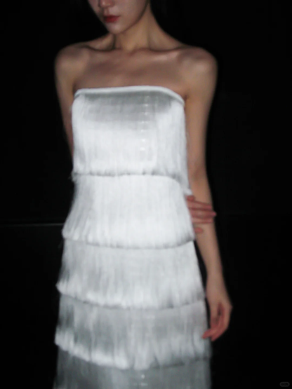 Flowy A Line Strapless Layered Tassel White Satin Long Wedding Dress DP5795