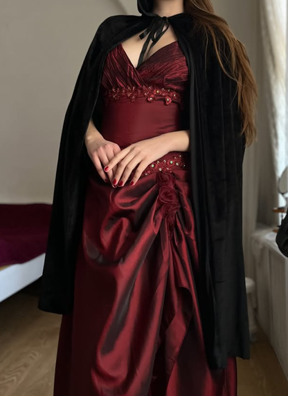 Vintage A Line Straps Appliques Burgundy Satin Prom Dress Evening Dress DP5722