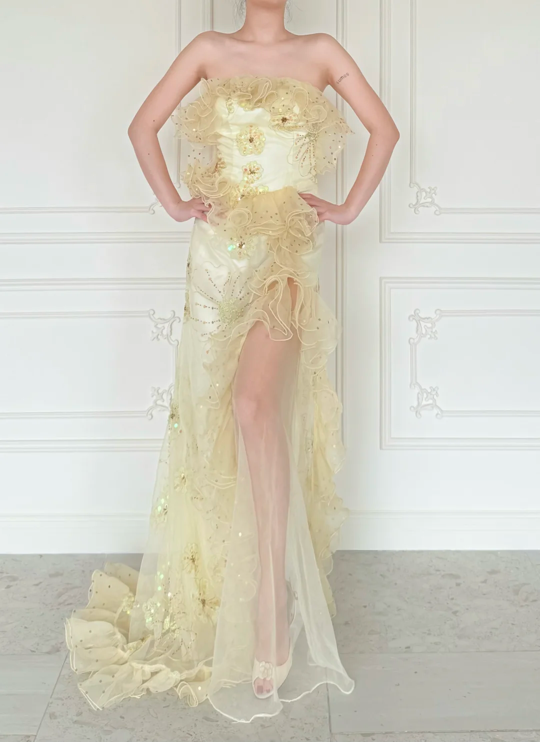 Beautiful Sheath Strapless Beaded Yellow Satin Organza Slit Long Prom Dress Evening Dress DP6247