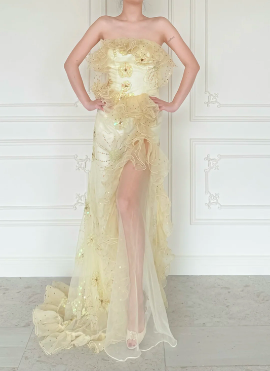 Beautiful Sheath Strapless Beaded Yellow Satin Organza Slit Long Prom Dress Evening Dress DP6247