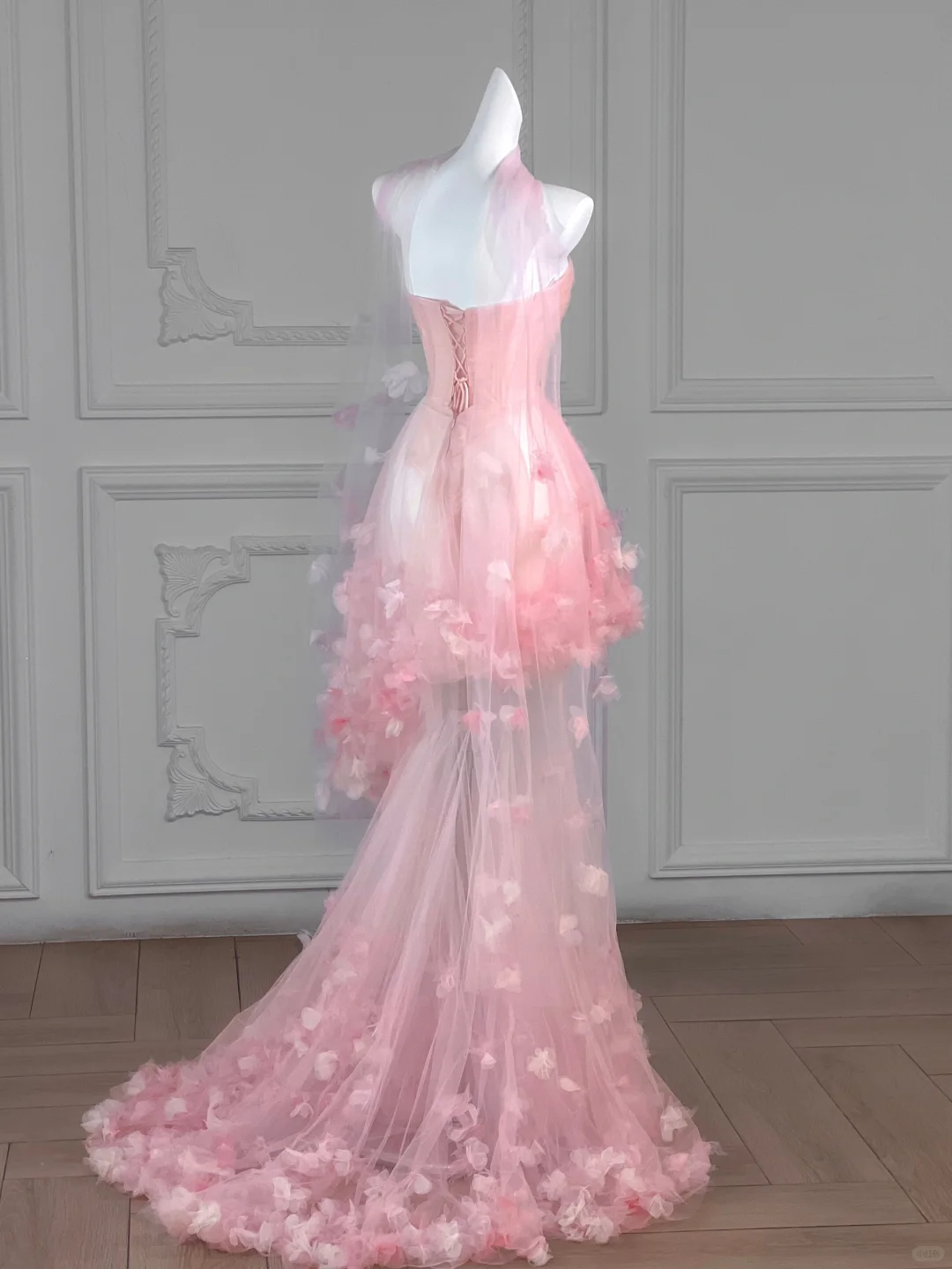 Pink Mermaid Strapless 3D Flower Corset Tulle Long Party Dress Evening Dress DP2593
