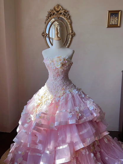Stunning Pink Ball Gown Floral Beaded Layered Tulle Prom Dress 16th Birthday Dress DP5020