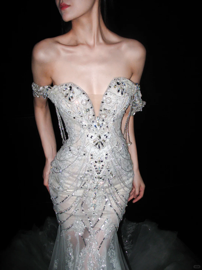 Glamorous Mermaid Off the Shoulder Shiny Rhinestone Tulle Long Train Wedding Dress DP8098