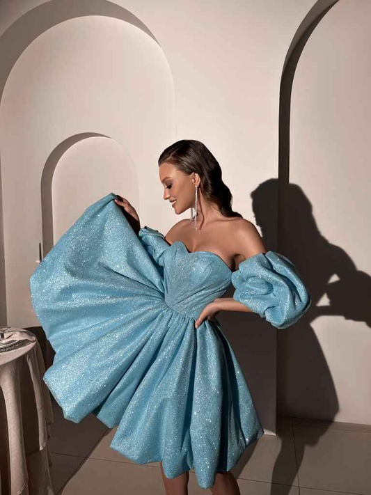 Shiny Ball Gown Puff Blue Sequin Short Prom Dress Homecoming Dress DP3934